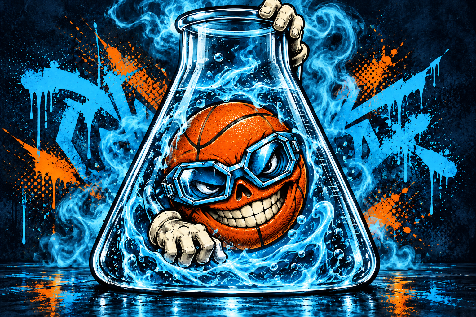 A cartoon basketball in laboratory goggles inside a glowing flask
